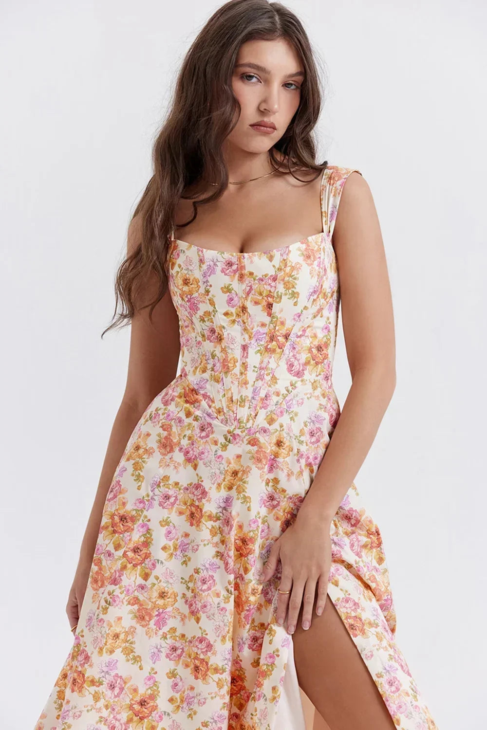 Women's Floral Midi Dress with Sweetheart Neckline and Fit and Flare Skirt