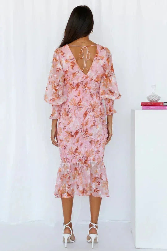 Floral Print Midi Dress for Women with Long Ruffled Sleeves