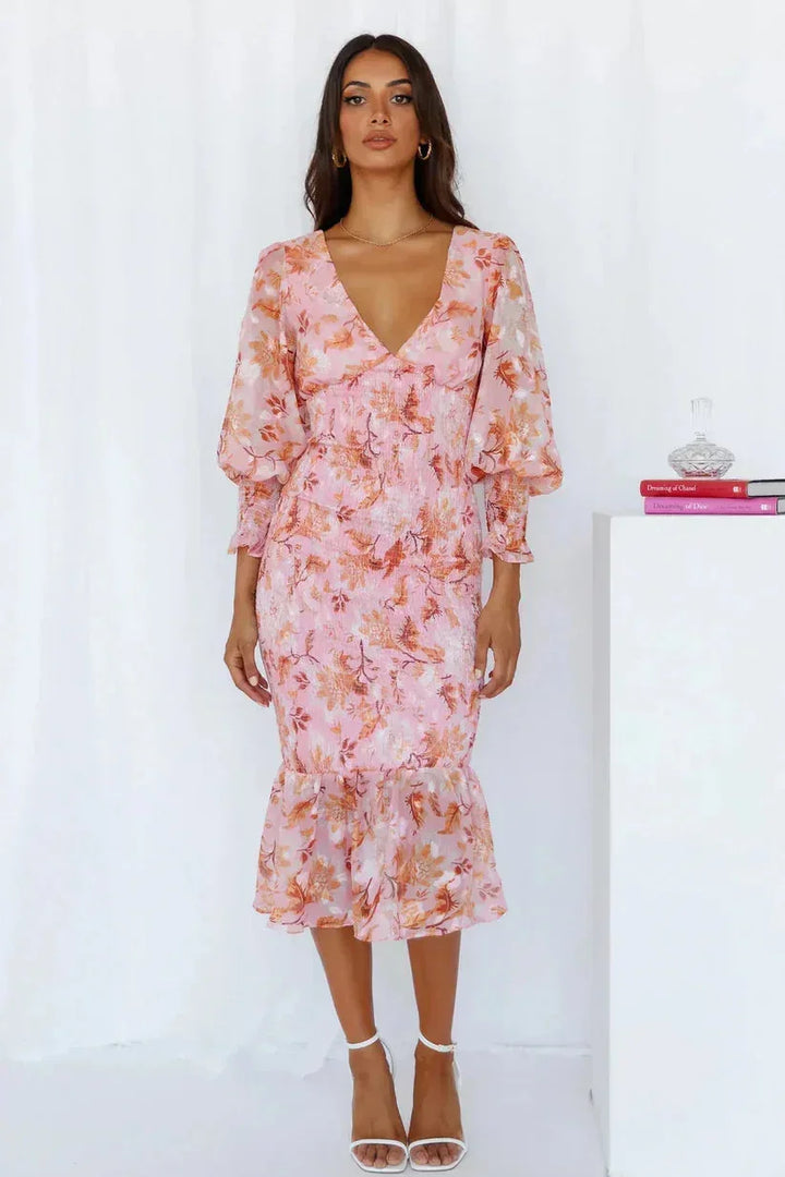 Floral Print Midi Dress for Women with Long Ruffled Sleeves