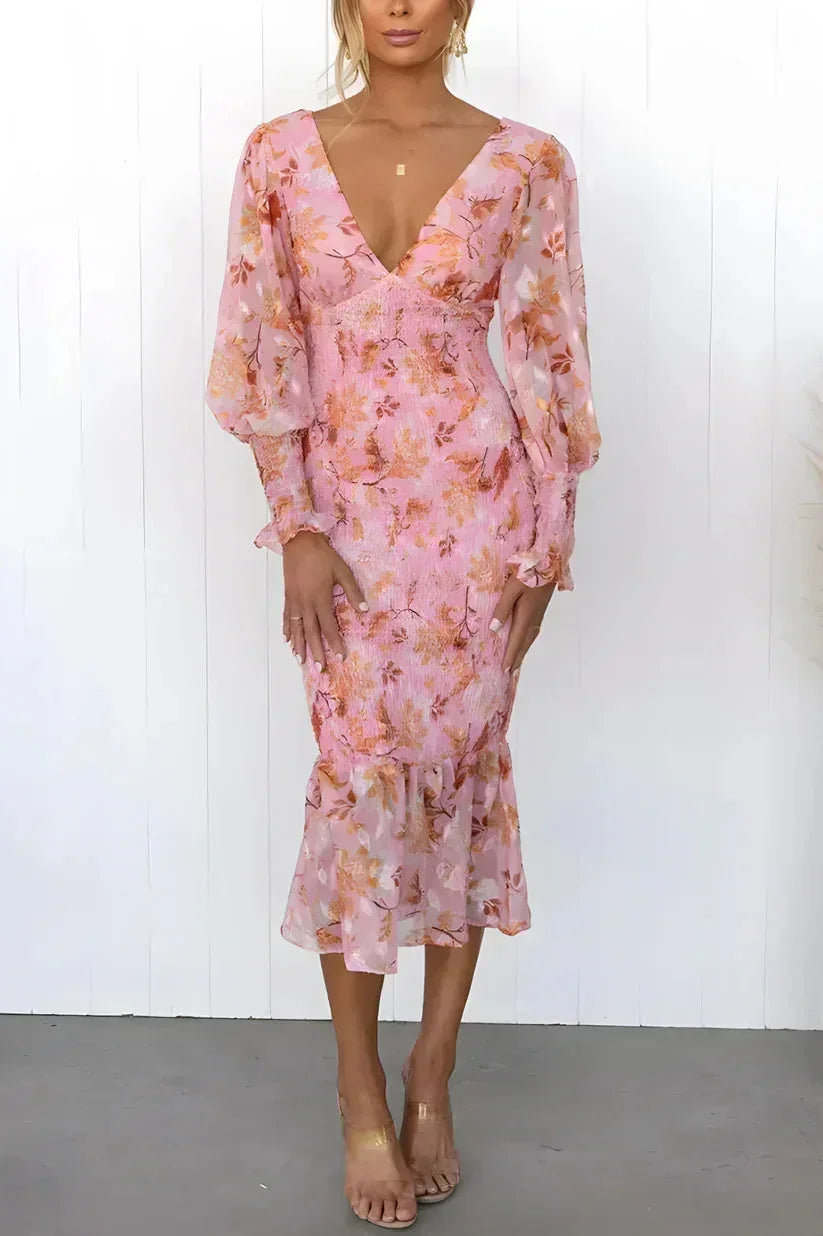 Floral Print Midi Dress for Women with Long Ruffled Sleeves