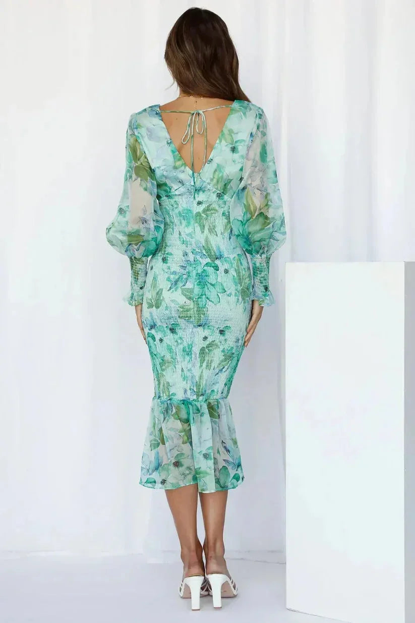 Floral Print Midi Dress for Women with Long Ruffled Sleeves