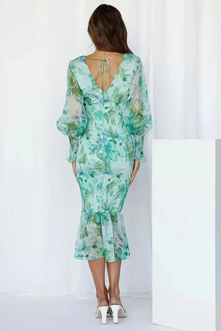 Floral Print Midi Dress for Women with Long Ruffled Sleeves