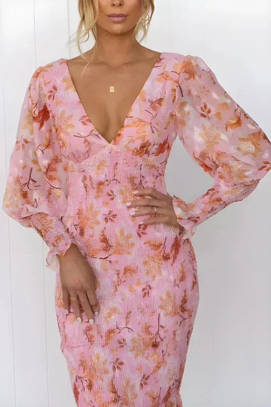 Floral Print Midi Dress for Women with Long Ruffled Sleeves
