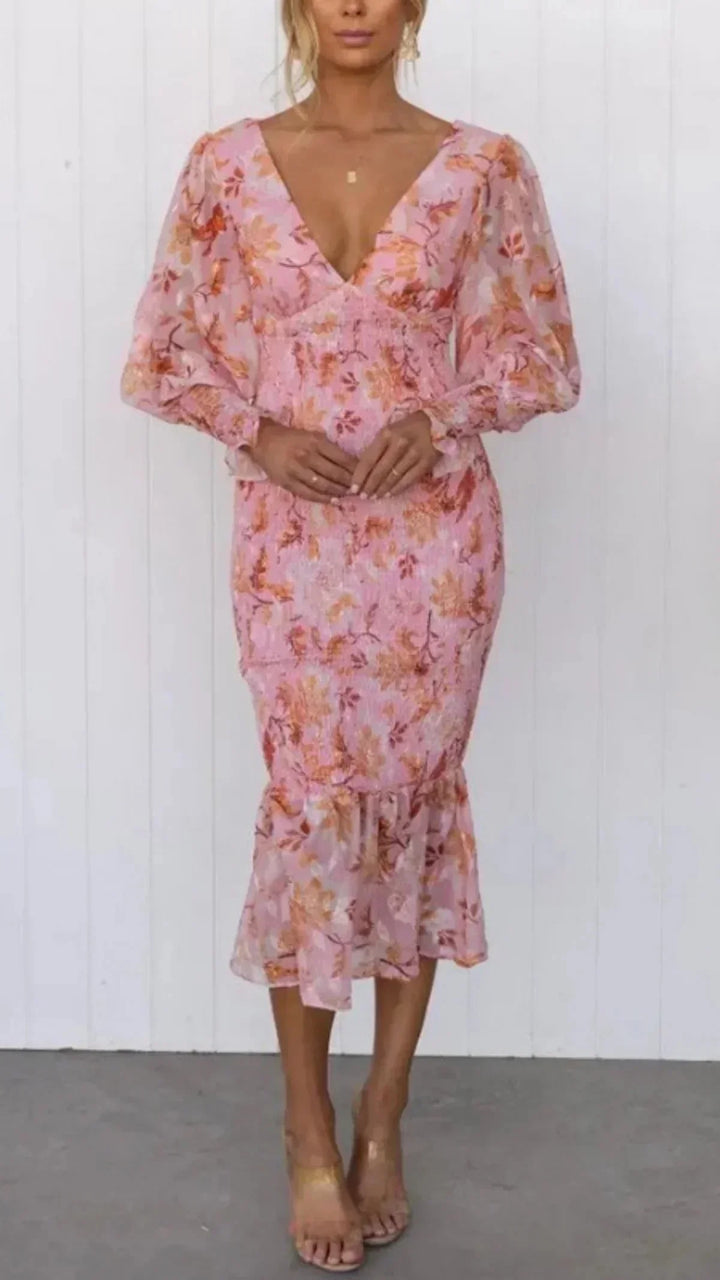 Floral Print Midi Dress for Women with Long Ruffled Sleeves