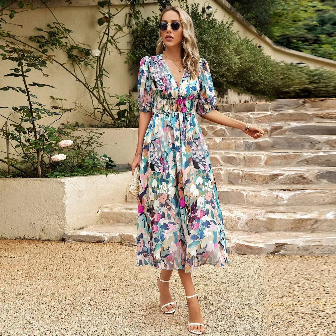 Women's Floral Midi Dress with V Neck and Short Sleeves