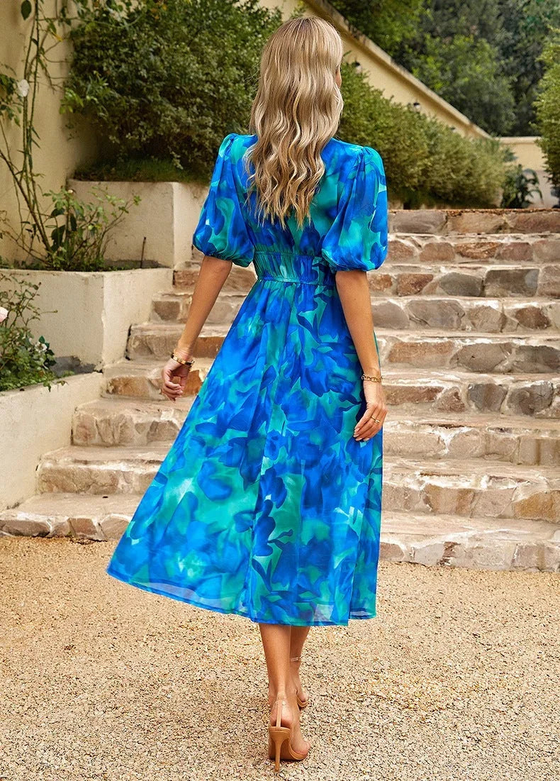 Women's Floral Midi Dress with V Neck and Short Sleeves