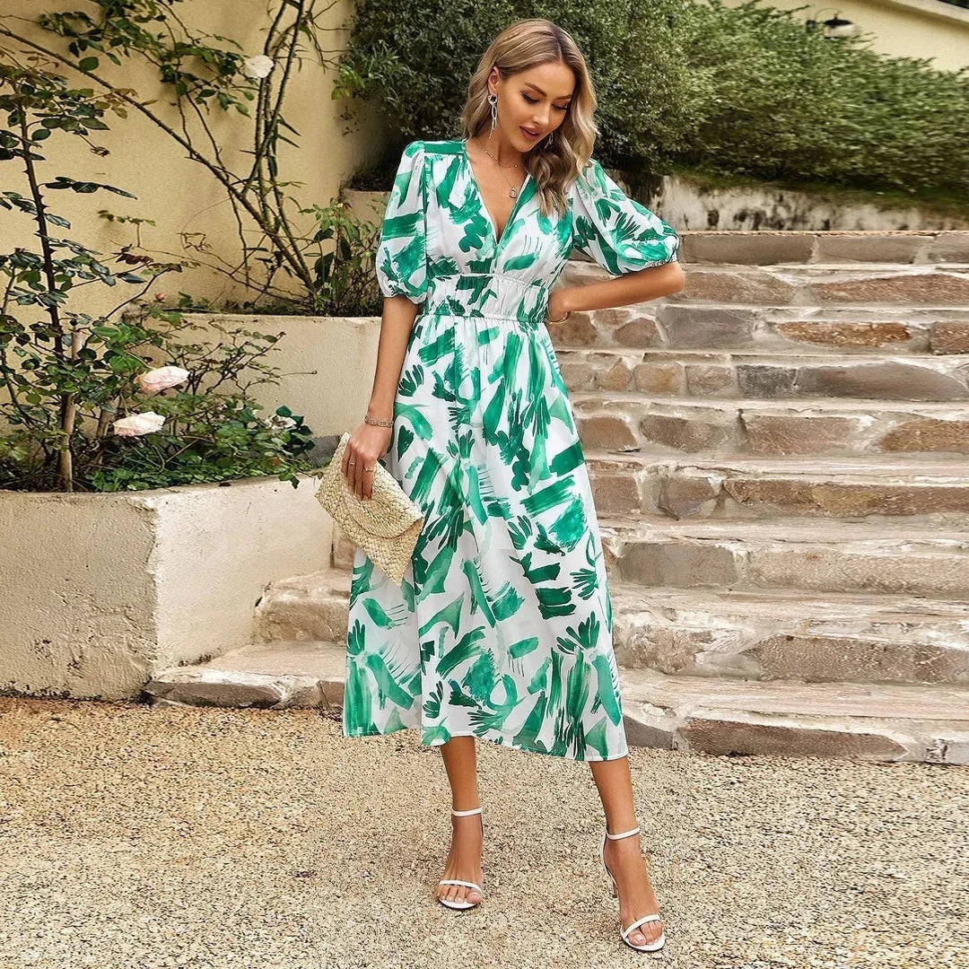 Women's Floral Midi Dress with V Neck and Short Sleeves