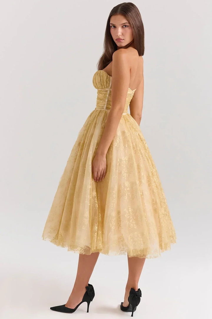 Women's Wedding Guest Midi Dress with Strapless Neckline and Fit and Flare Skirt
