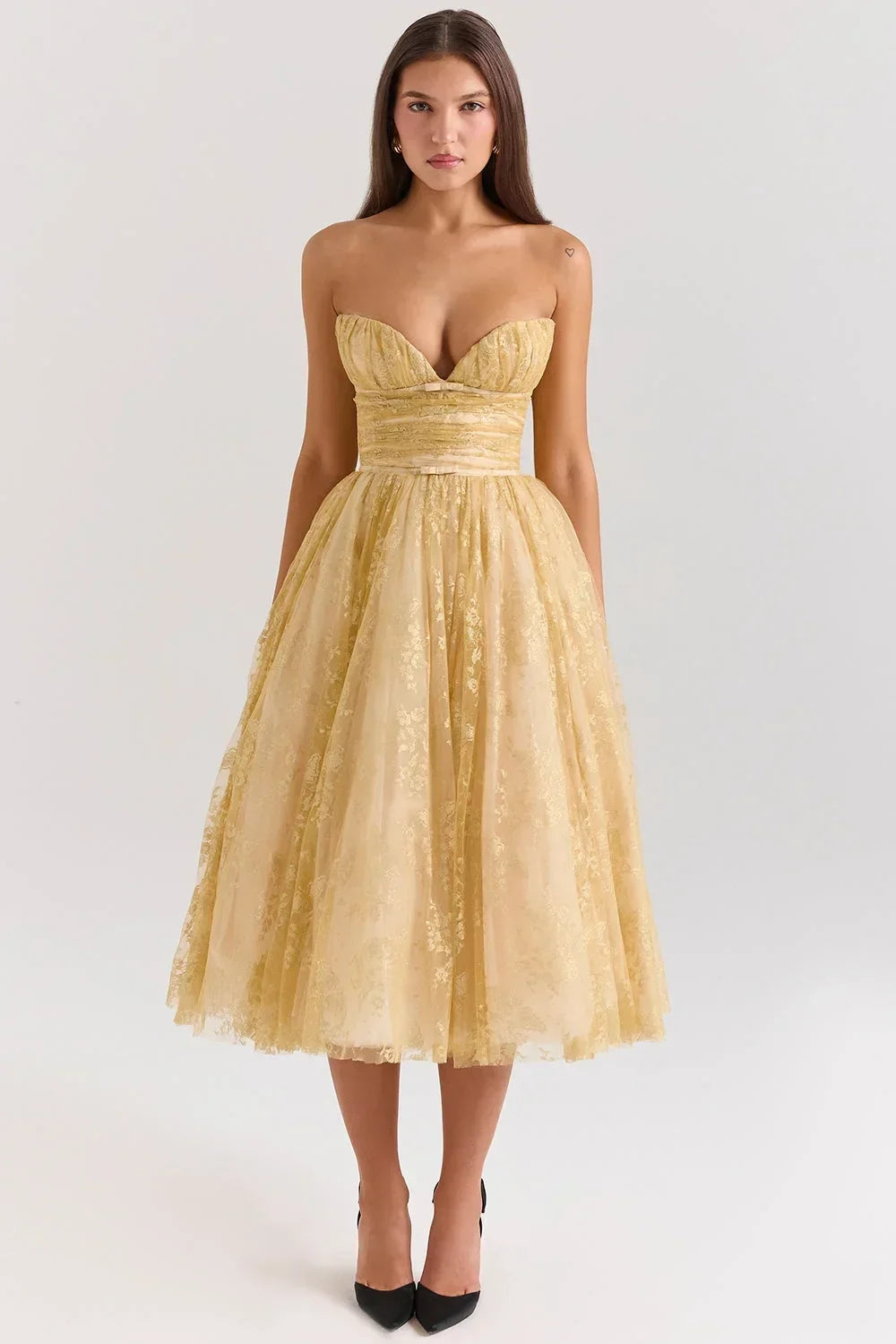 Women's Wedding Guest Midi Dress with Strapless Neckline and Fit and Flare Skirt