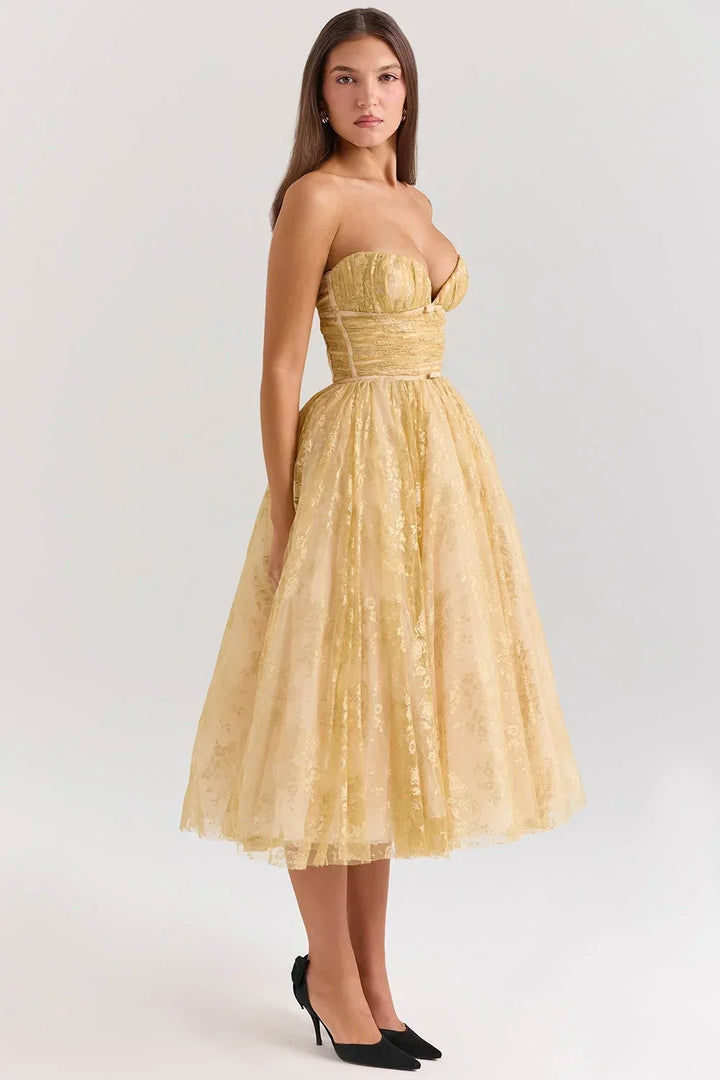 Women's Wedding Guest Midi Dress with Strapless Neckline and Fit and Flare Skirt