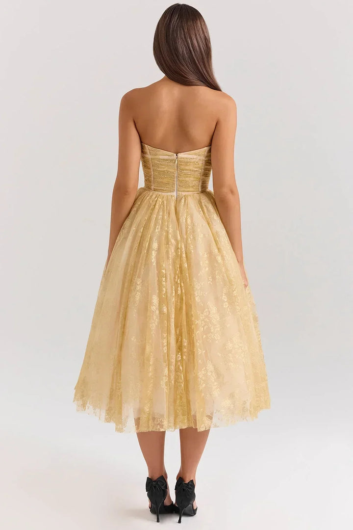 Women's Wedding Guest Midi Dress with Strapless Neckline and Fit and Flare Skirt