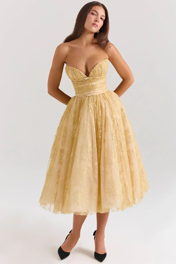 Women's Wedding Guest Midi Dress with Strapless Neckline and Fit and Flare Skirt