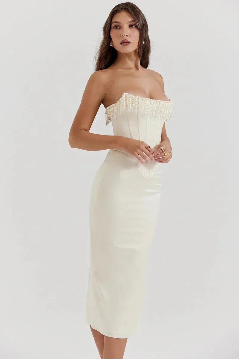 Women's Evening Midi Dress with Strapless Neckline and Pearl Detail