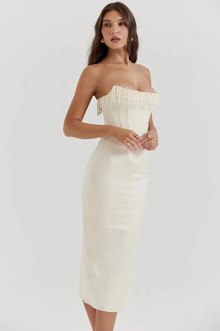 Women's Evening Midi Dress with Strapless Neckline and Pearl Detail