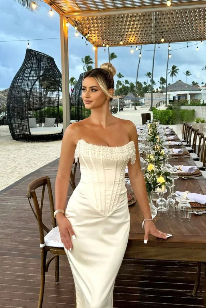 Women's Evening Midi Dress with Strapless Neckline and Pearl Detail