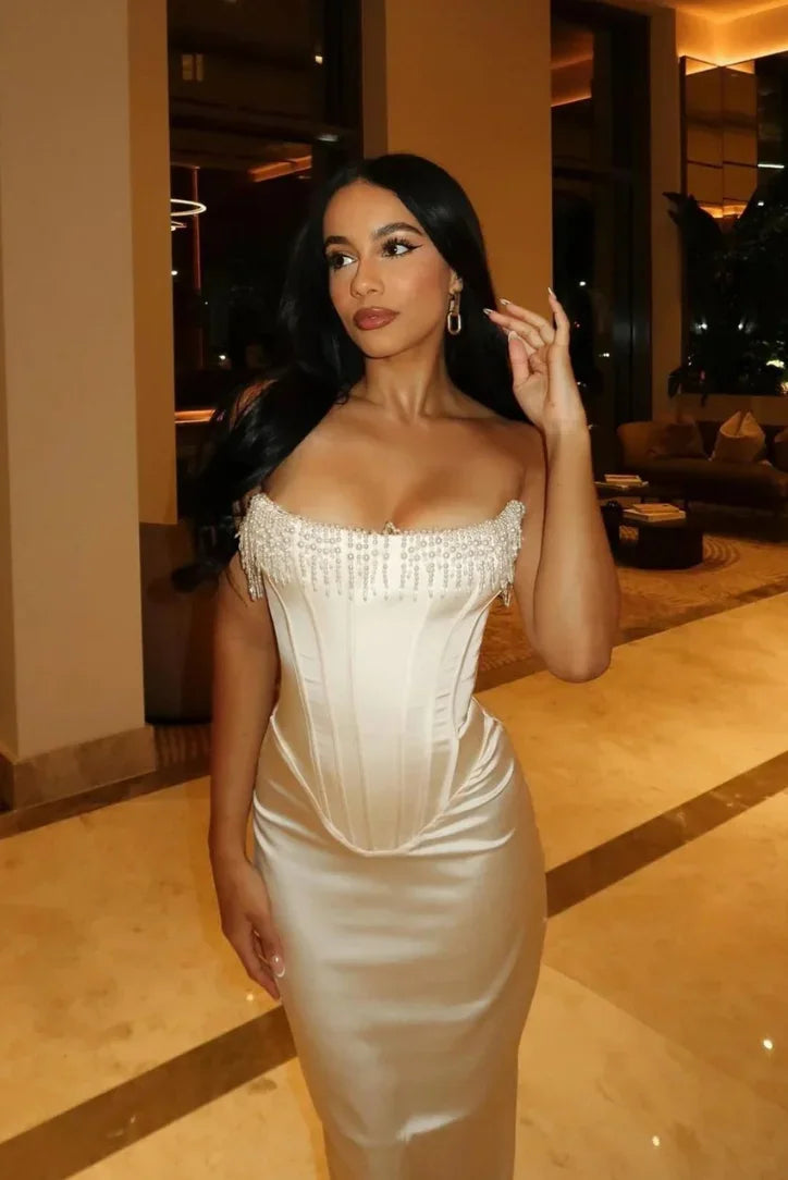 Women's Evening Midi Dress with Strapless Neckline and Pearl Detail