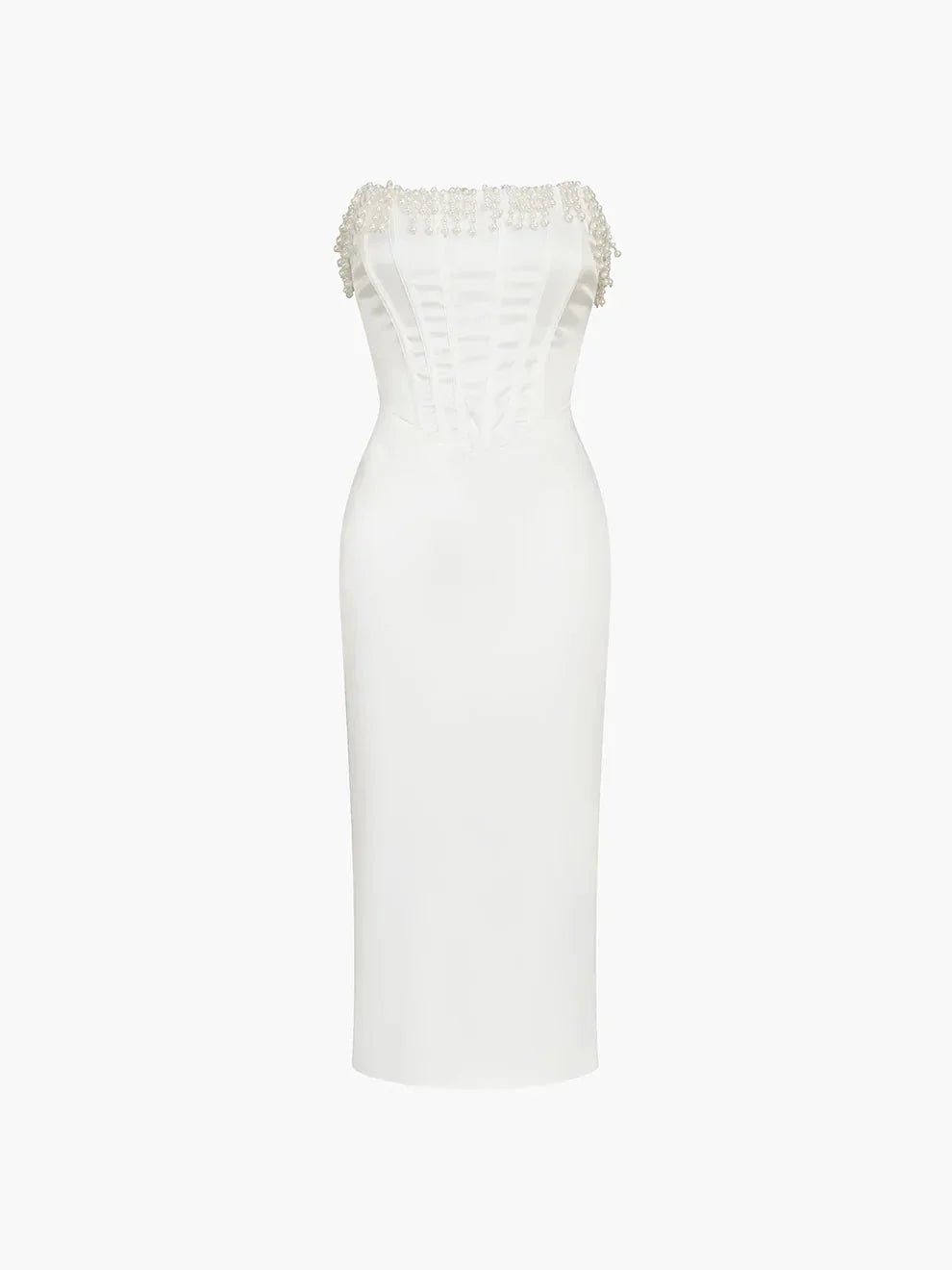 Women's Evening Midi Dress with Strapless Neckline and Pearl Detail