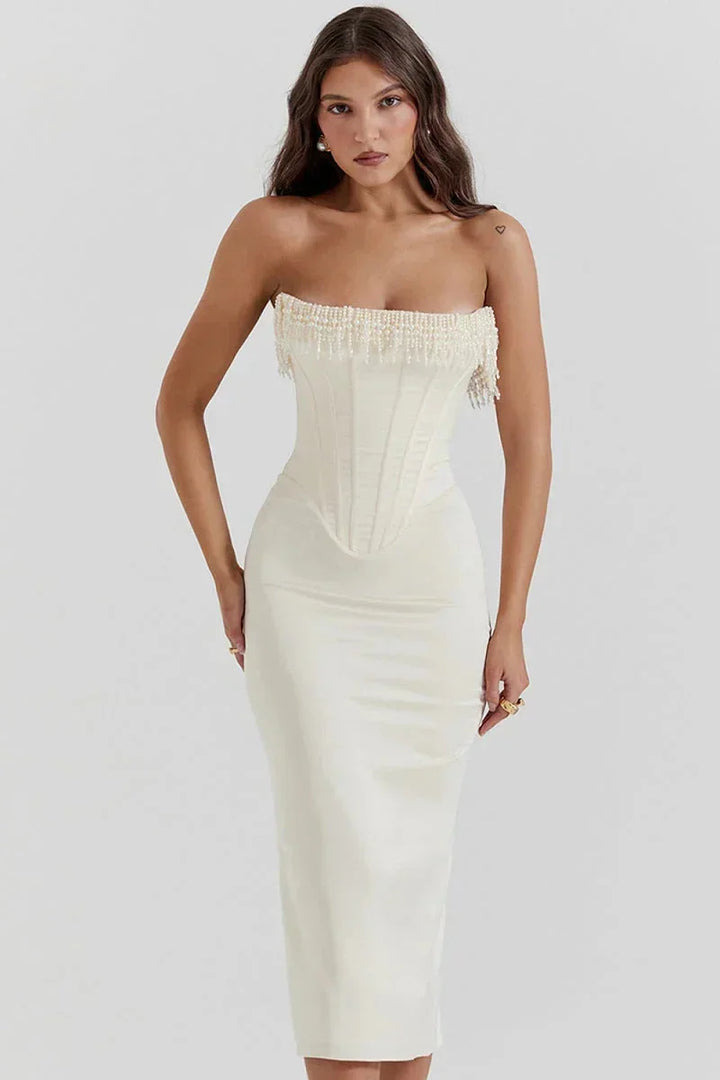 Women's Evening Midi Dress with Strapless Neckline and Pearl Detail
