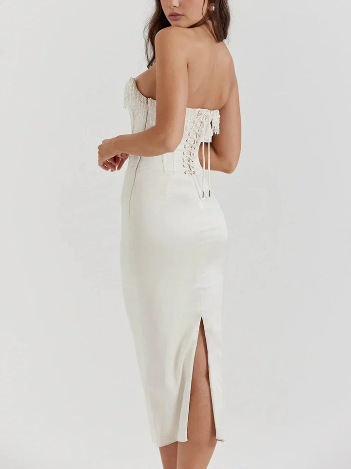 Women's Evening Midi Dress with Strapless Neckline and Pearl Detail