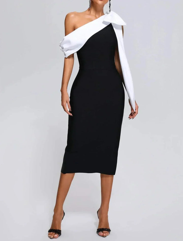 Women's Evening Midi Dress with One Shoulder Neckline and Contrast Bow Detail