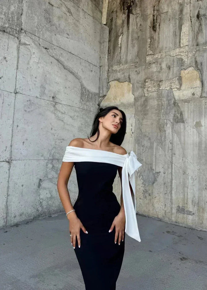 Women's Evening Midi Dress with One Shoulder Neckline and Contrast Bow Detail