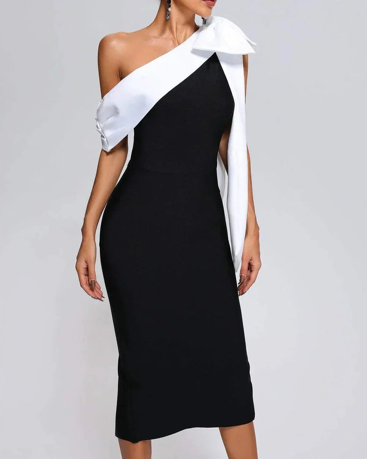 Women's Evening Midi Dress with One Shoulder Neckline and Contrast Bow Detail