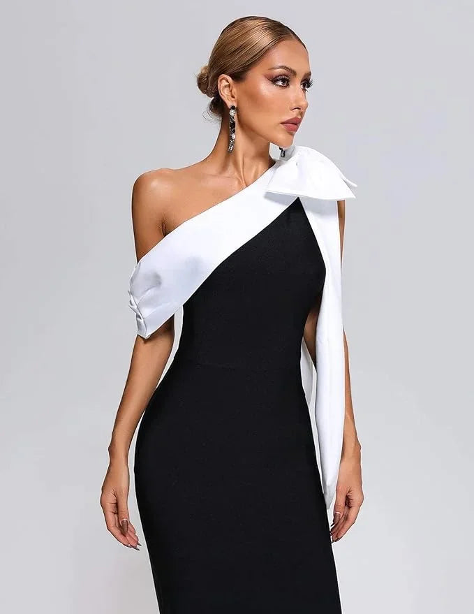 Women's Evening Midi Dress with One Shoulder Neckline and Contrast Bow Detail