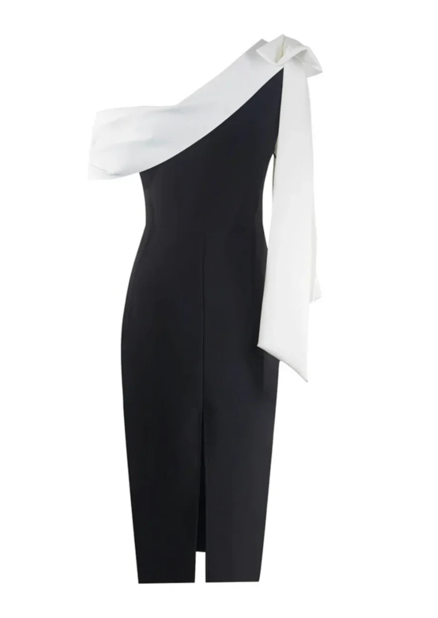 Women's Evening Midi Dress with One Shoulder Neckline and Contrast Bow Detail