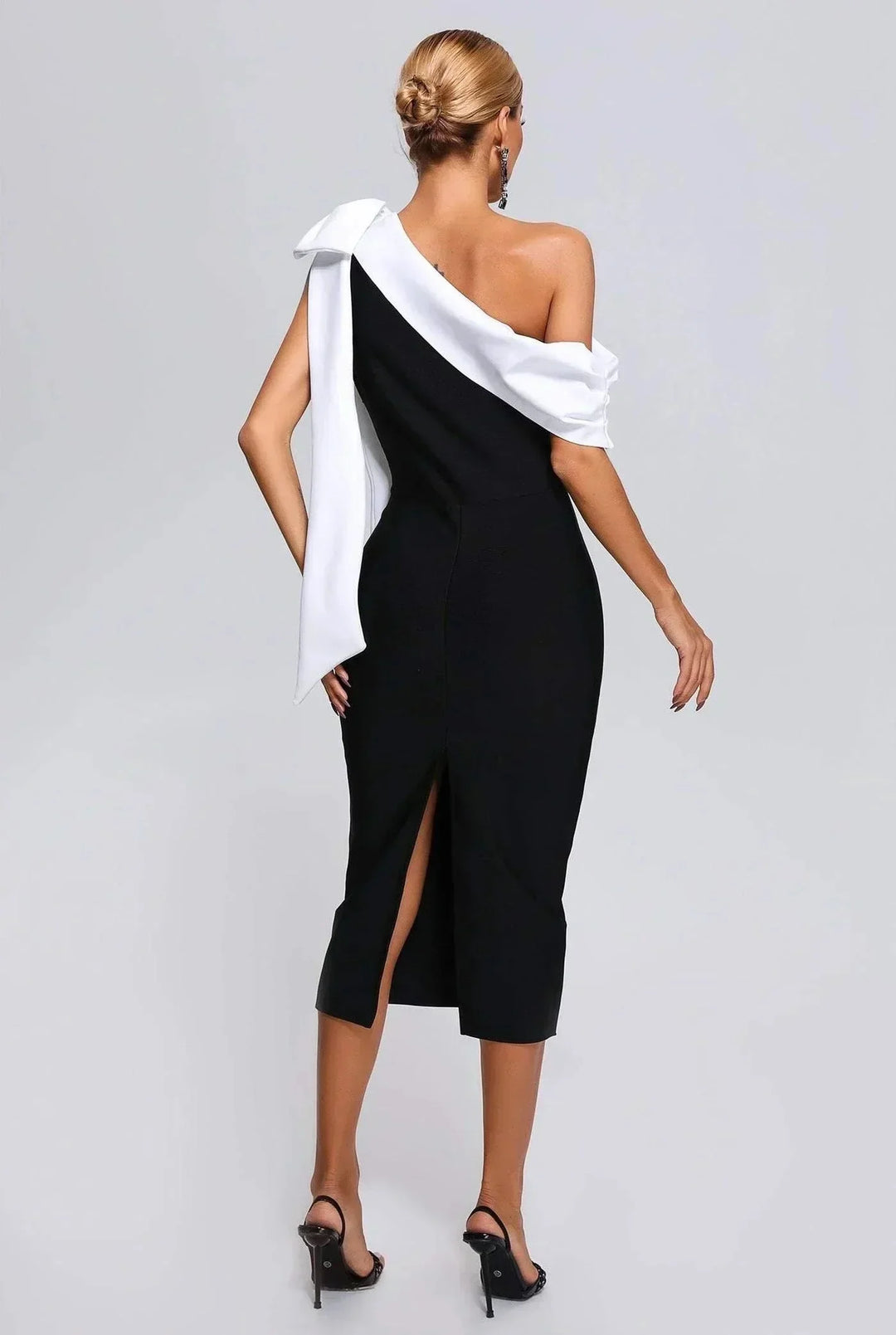 Women's Evening Midi Dress with One Shoulder Neckline and Contrast Bow Detail