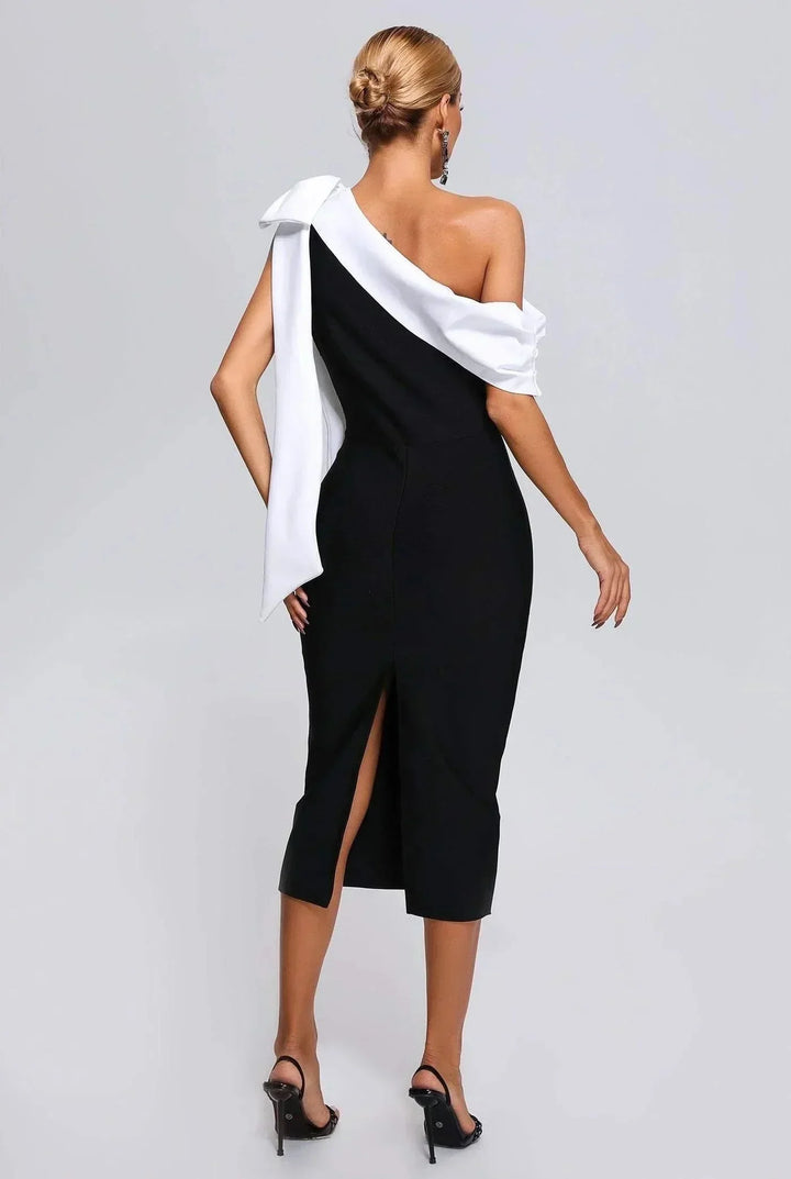 Women's Evening Midi Dress with One Shoulder Neckline and Contrast Bow Detail