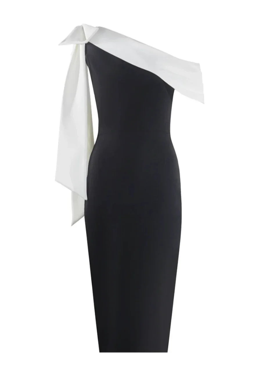 Women's Evening Midi Dress with One Shoulder Neckline and Contrast Bow Detail