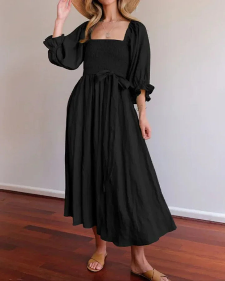 Women's Wrap Midi Dress with V Neck and Balloon Sleeves