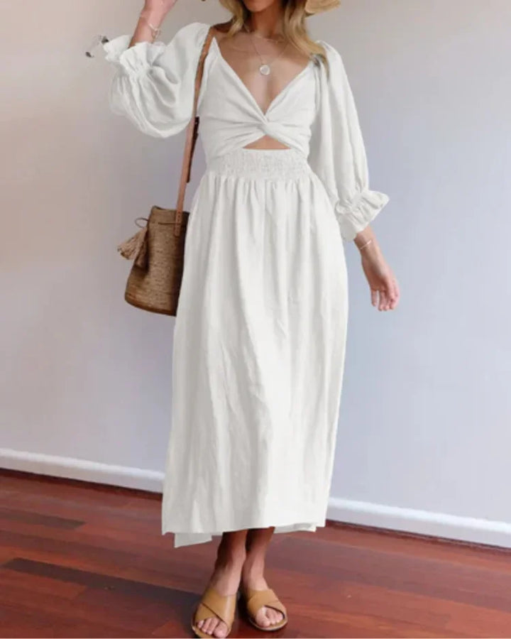 Women's Wrap Midi Dress with V Neck and Balloon Sleeves