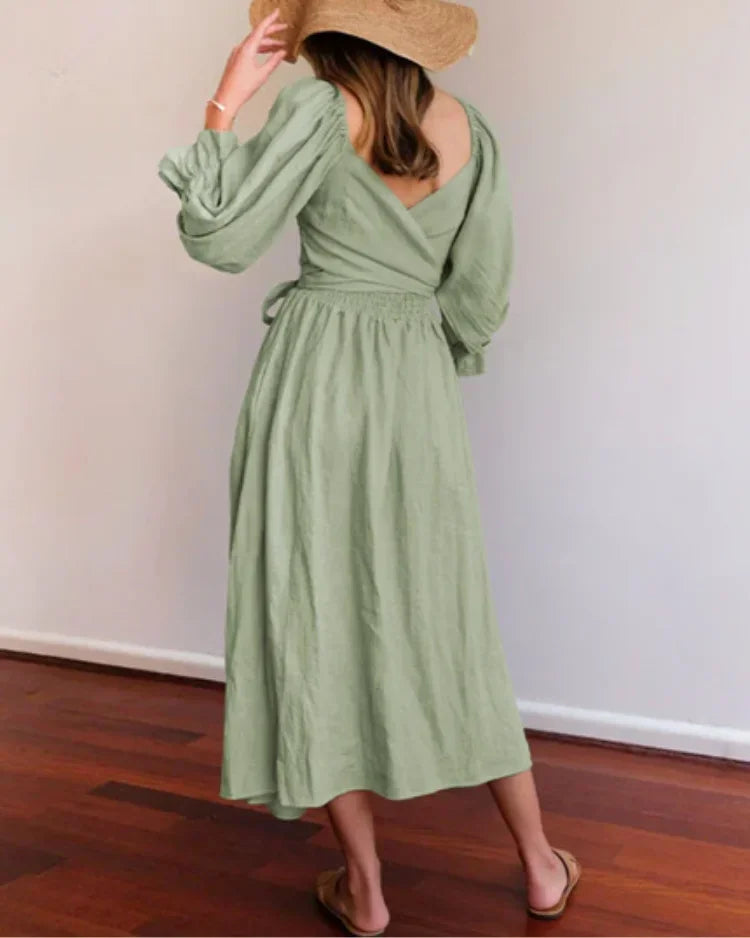 Women's Wrap Midi Dress with V Neck and Balloon Sleeves