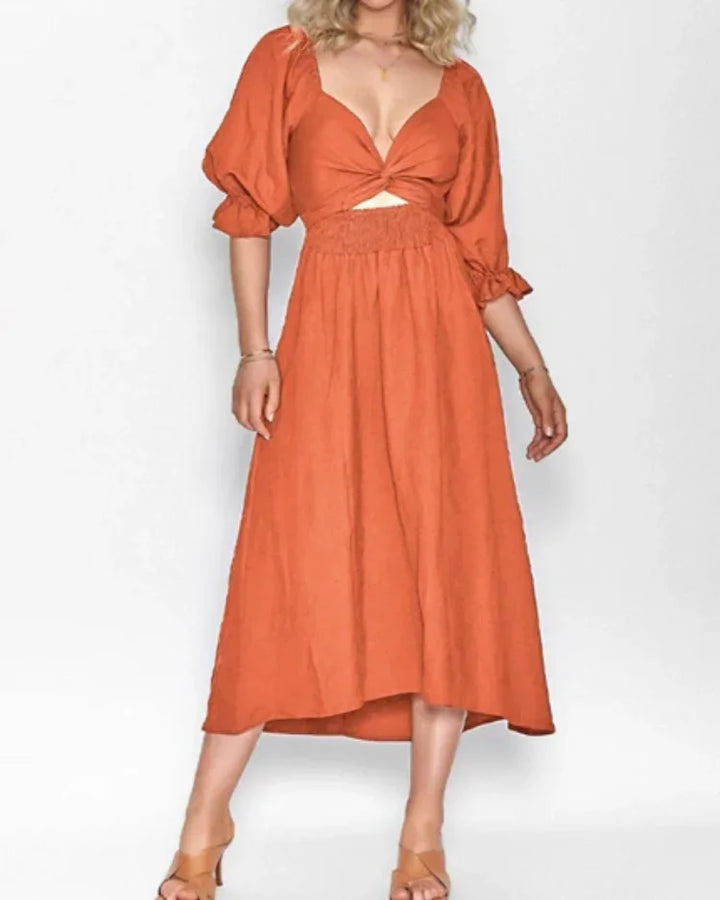 Women's Wrap Midi Dress with V Neck and Balloon Sleeves