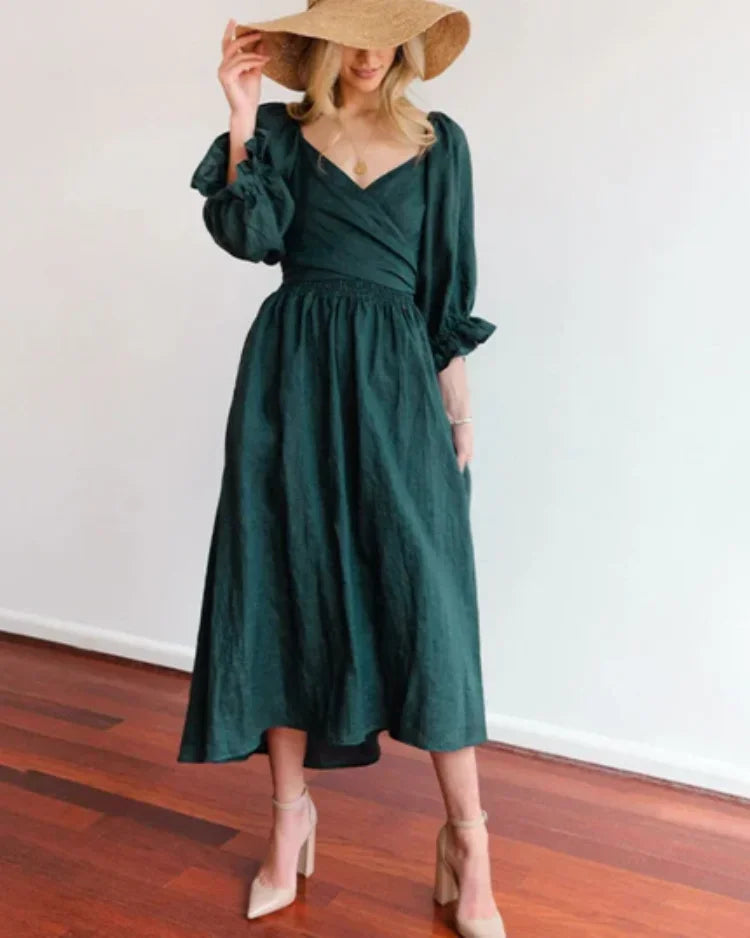 Women's Wrap Midi Dress with V Neck and Balloon Sleeves