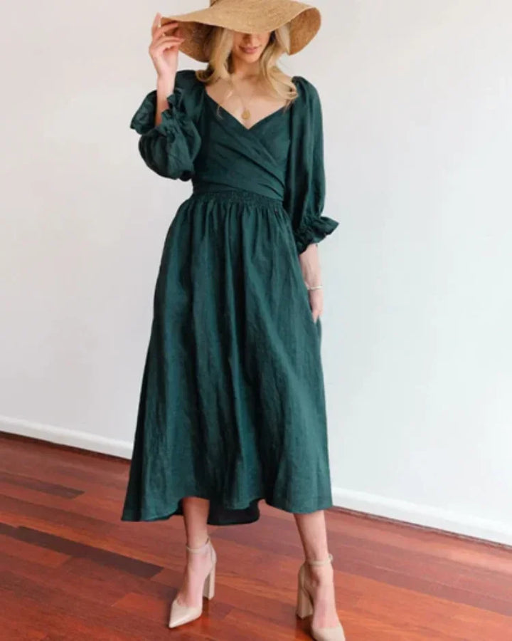 Women's Wrap Midi Dress with V Neck and Balloon Sleeves