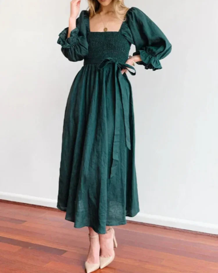 Women's Wrap Midi Dress with V Neck and Balloon Sleeves