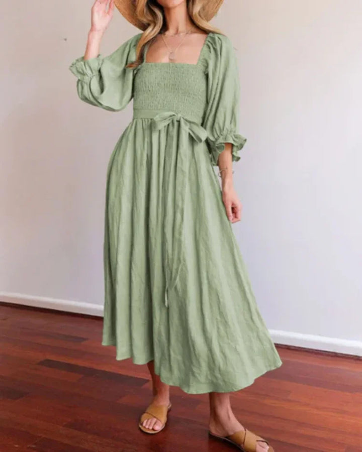 Women's Wrap Midi Dress with V Neck and Balloon Sleeves