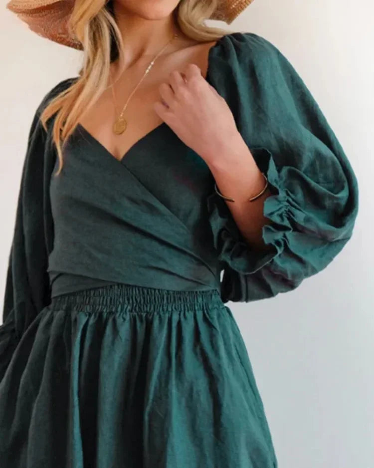 Women's Wrap Midi Dress with V Neck and Balloon Sleeves