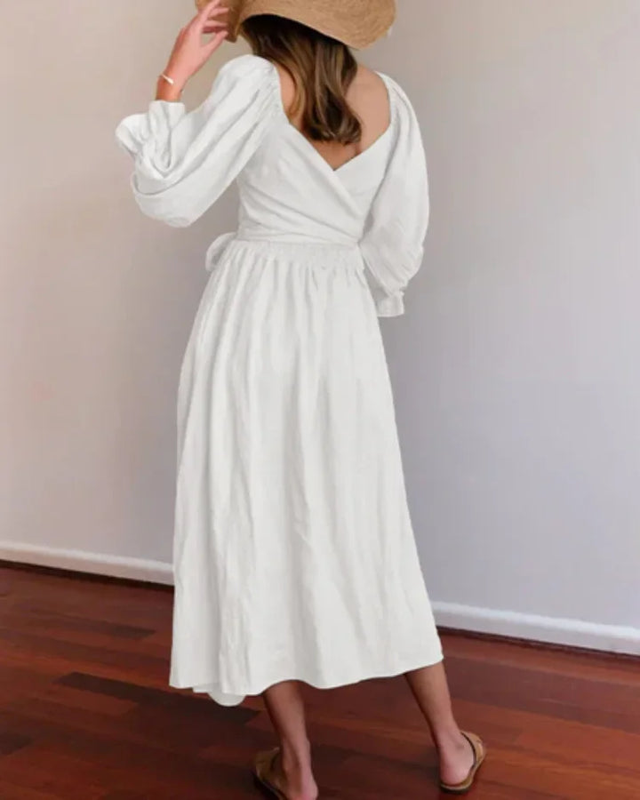 Women's Wrap Midi Dress with V Neck and Balloon Sleeves