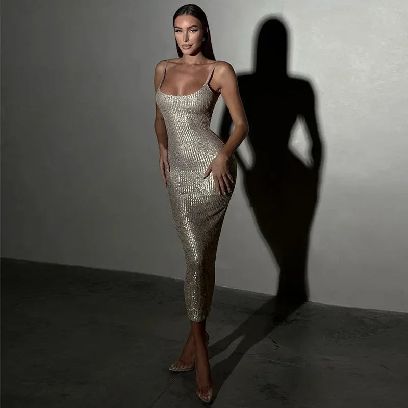 Women's Cocktail Midi Dress with Rhinestone Detail and Spaghetti Straps