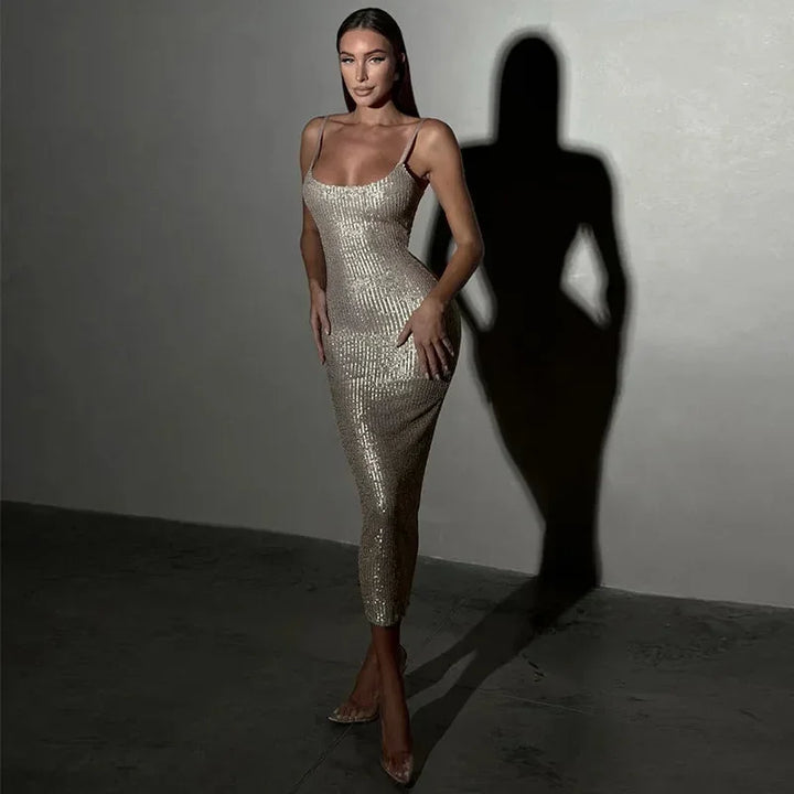 Women's Cocktail Midi Dress with Rhinestone Detail and Spaghetti Straps