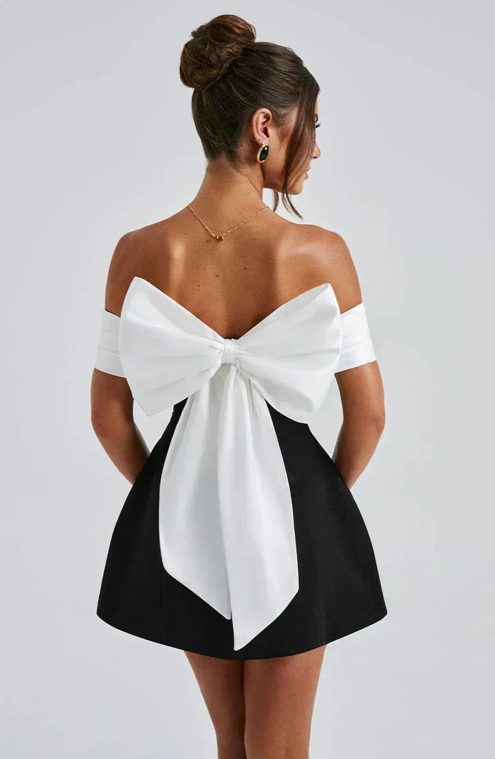 Women's Party Mini Dress with Off Shoulder Neckline and Bow Detail