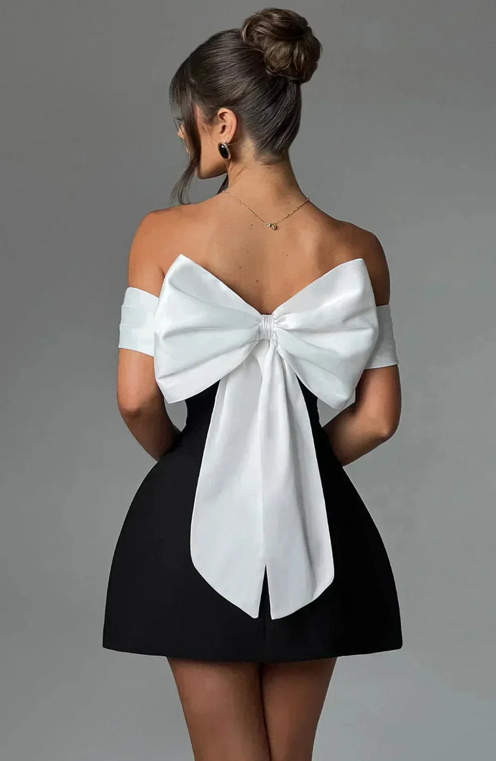 Women's Party Mini Dress with Off Shoulder Neckline and Bow Detail