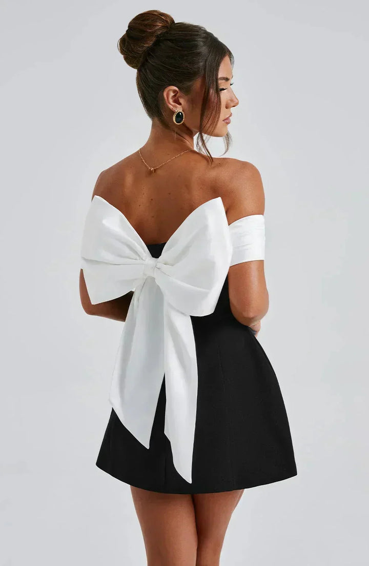 Women's Party Mini Dress with Off Shoulder Neckline and Bow Detail