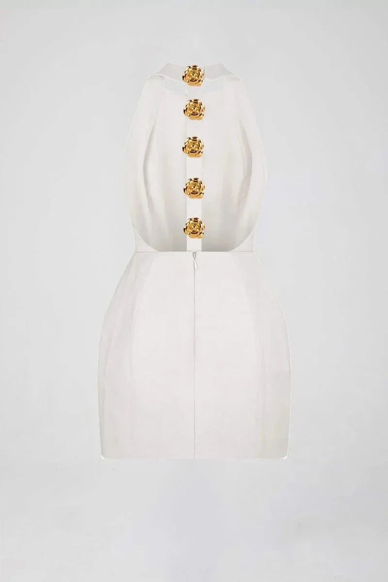 Women's Party Mini Dress with Halter Neck and Gold Button Detail