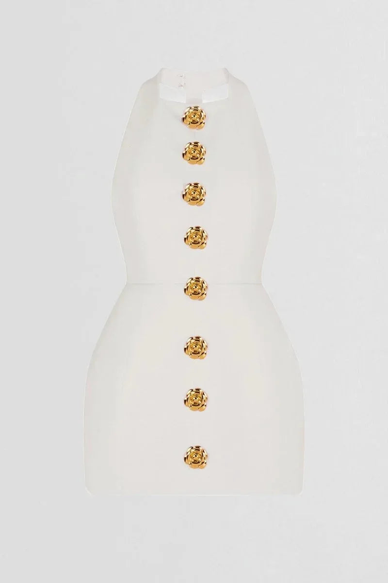Women's Party Mini Dress with Halter Neck and Gold Button Detail