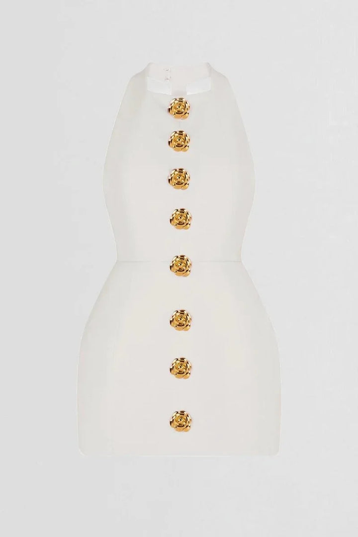 Women's Party Mini Dress with Halter Neck and Gold Button Detail