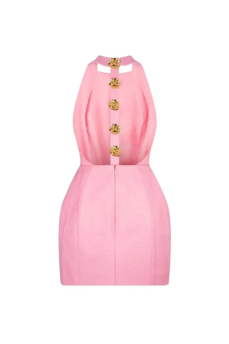 Women's Party Mini Dress with Halter Neck and Gold Button Detail